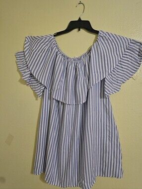 Cherish Blue and White Striped Off-Shoulder Ruffle Dress